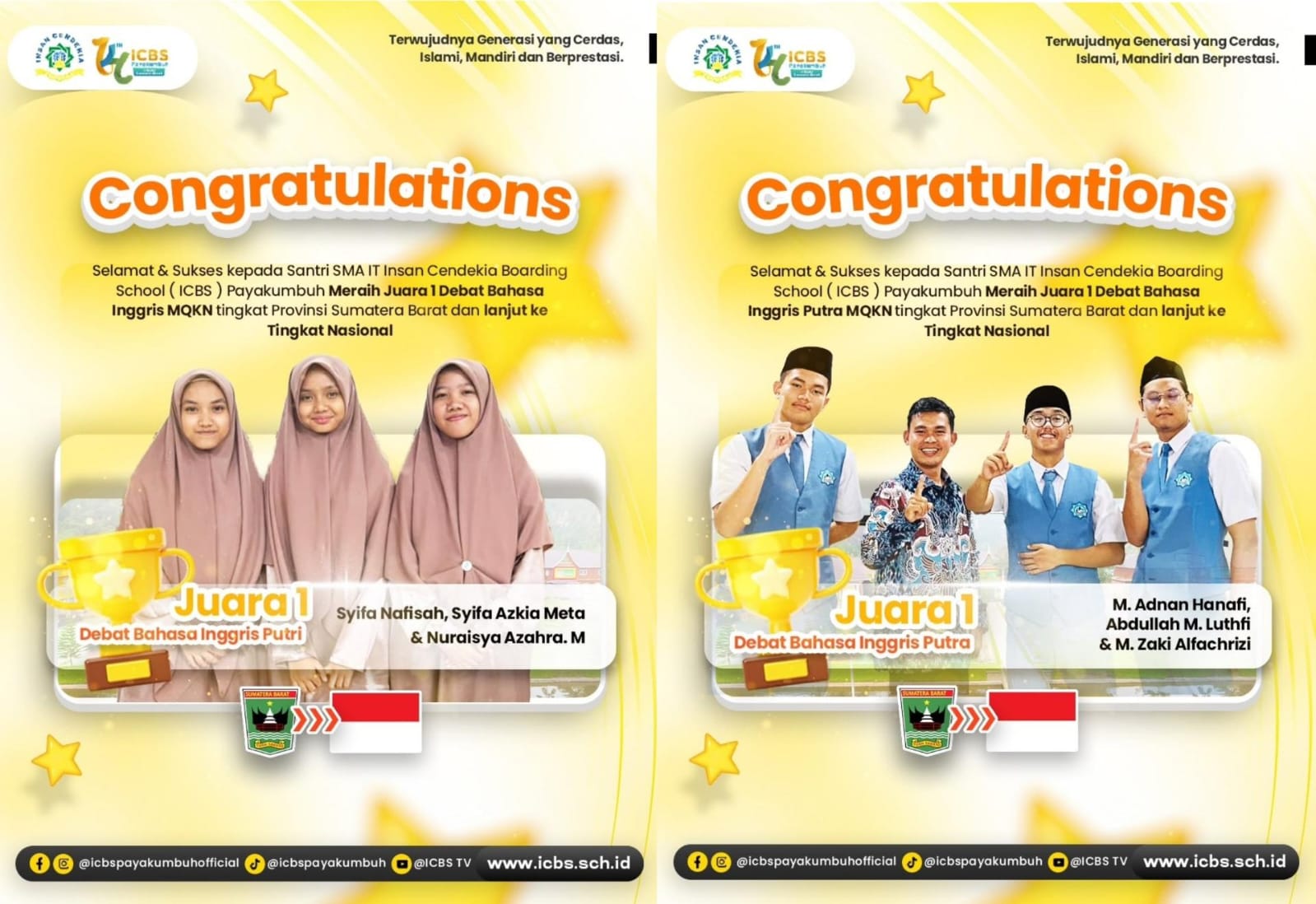 Putra dan Putri ICBS Borong 5 Prestasi di Ajang MQK N Tingkat Provinsi Sumatera Barat 2025